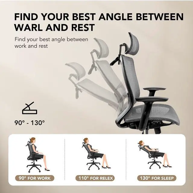 Alt view image 5 of 7 - Big and Tall Executive Office Chair Height Adjustable Mesh Computer Chair with Adjustable Headrest Armrest and Lumbar Support,360°Swivel Gaming Chair for Home Office Using Grey