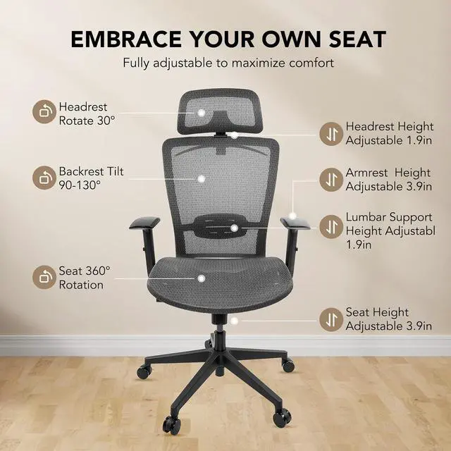 Alt view image 6 of 7 - Big and Tall Executive Office Chair Height Adjustable Mesh Computer Chair with Adjustable Headrest Armrest and Lumbar Support,360°Swivel Gaming Chair for Home Office Using Grey