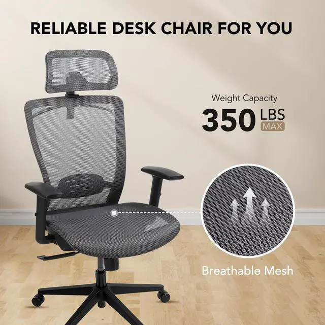Alt view image 7 of 7 - Big and Tall Executive Office Chair Height Adjustable Mesh Computer Chair with Adjustable Headrest Armrest and Lumbar Support,360°Swivel Gaming Chair for Home Office Using Grey