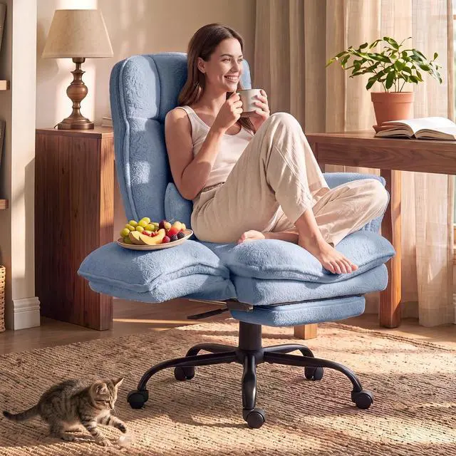 Main image of Wider Seat Office Chair with Flip Armrests for Criss Cross Legged&Cats, Big and Tall Executive Ergonomic Reclining Chair with Footrest&Lumbar Pillow, Teddy Fleece Desk Chair, Blue Vanity Chair
