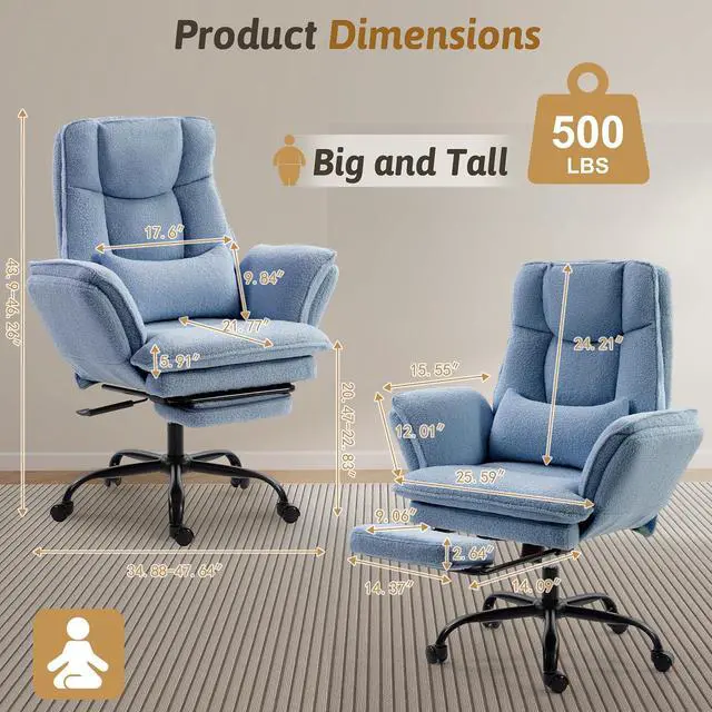 Alt view image 2 of 7 - Wider Seat Office Chair with Flip Armrests for Criss Cross Legged&Cats, Big and Tall Executive Ergonomic Reclining Chair with Footrest&Lumbar Pillow, Teddy Fleece Desk Chair, Blue Vanity Chair