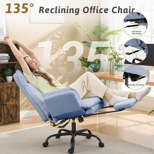 Alt view image 6 of 7 - Wider Seat Office Chair with Flip Armrests for Criss Cross Legged&Cats, Big and Tall Executive Ergonomic Reclining Chair with Footrest&Lumbar Pillow, Teddy Fleece Desk Chair, Blue Vanity Chair