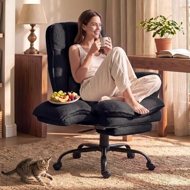Main image of Wider Seat Office Chair with Flip Armrests for Criss Cross Legged&Cats, Big and Tall Executive Ergonomic Reclining Chair with Footrest&Lumbar Pillow, Teddy Fleece Desk Chair, Black Vanity Chair
