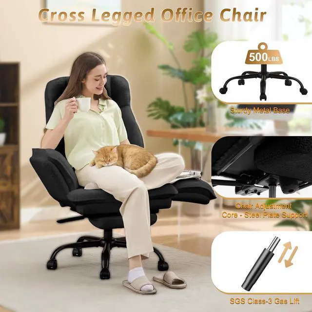 Alt view image 3 of 7 - Wider Seat Office Chair with Flip Armrests for Criss Cross Legged&Cats, Big and Tall Executive Ergonomic Reclining Chair with Footrest&Lumbar Pillow, Teddy Fleece Desk Chair, Black Vanity Chair