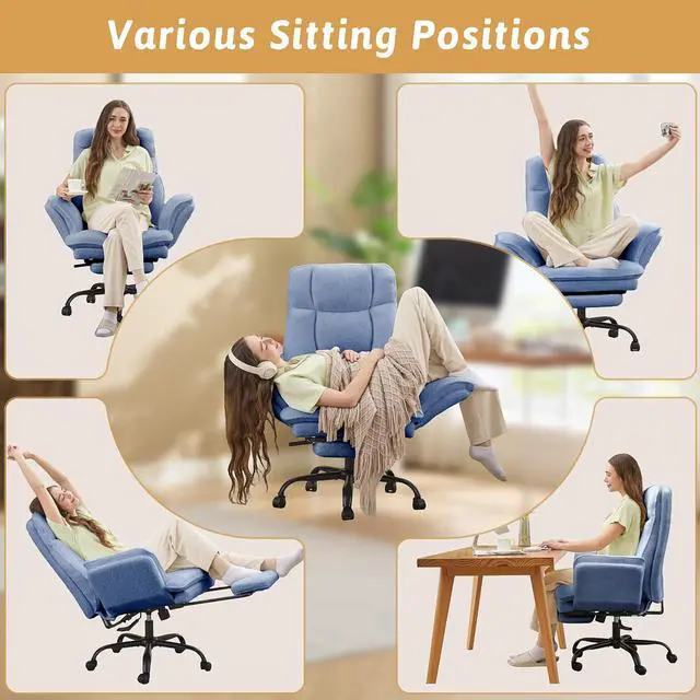 Alt view image 7 of 7 - Wider Seat Office Chair with Flip Armrests for Criss Cross Legged&Cats, Big and Tall Executive Ergonomic Reclining Chair with Footrest&Lumbar Pillow, Teddy Fleece Desk Chair, Blue Vanity Chair