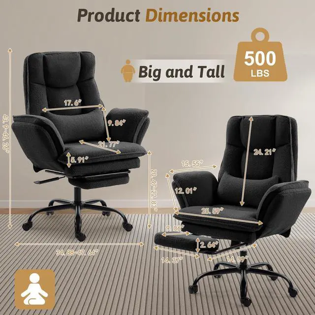 Alt view image 2 of 7 - Wider Seat Office Chair with Flip Armrests for Criss Cross Legged&Cats, Big and Tall Executive Ergonomic Reclining Chair with Footrest&Lumbar Pillow, Teddy Fleece Desk Chair, Black Vanity Chair