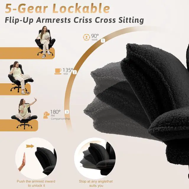 Alt view image 4 of 7 - Wider Seat Office Chair with Flip Armrests for Criss Cross Legged&Cats, Big and Tall Executive Ergonomic Reclining Chair with Footrest&Lumbar Pillow, Teddy Fleece Desk Chair, Black Vanity Chair