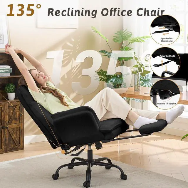 Alt view image 6 of 7 - Wider Seat Office Chair with Flip Armrests for Criss Cross Legged&Cats, Big and Tall Executive Ergonomic Reclining Chair with Footrest&Lumbar Pillow, Teddy Fleece Desk Chair, Black Vanity Chair