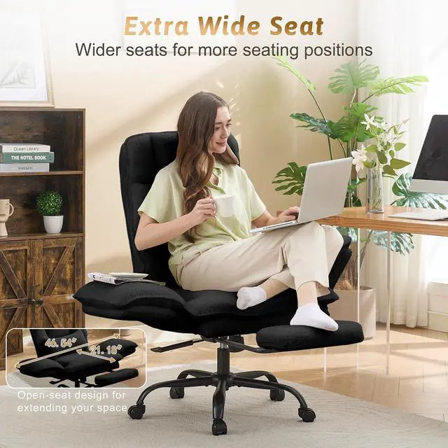 Alt view image 7 of 7 - Wider Seat Office Chair with Flip Armrests for Criss Cross Legged&Cats, Big and Tall Executive Ergonomic Reclining Chair with Footrest&Lumbar Pillow, Teddy Fleece Desk Chair, Black Vanity Chair