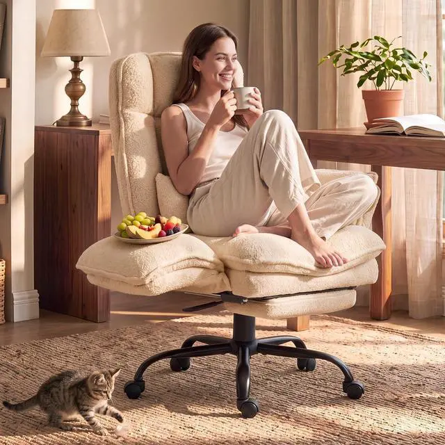 Main image of Wider Seat Office Chair with Flip Armrests for Criss Cross Legged&Cats, Big and Tall Executive Ergonomic Reclining Chair with Footrest&Lumbar Pillow, Teddy Fleece Desk Chair, Beige Vanity Chair