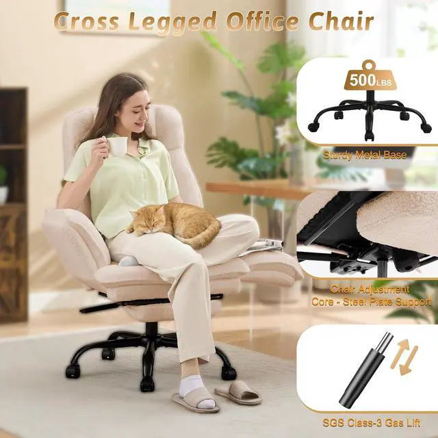 Alt view image 3 of 7 - Wider Seat Office Chair with Flip Armrests for Criss Cross Legged&Cats, Big and Tall Executive Ergonomic Reclining Chair with Footrest&Lumbar Pillow, Teddy Fleece Desk Chair, Beige Vanity Chair