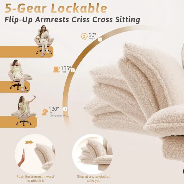 Alt view image 4 of 7 - Wider Seat Office Chair with Flip Armrests for Criss Cross Legged&Cats, Big and Tall Executive Ergonomic Reclining Chair with Footrest&Lumbar Pillow, Teddy Fleece Desk Chair, Beige Vanity Chair