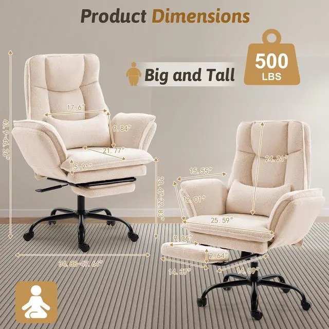 Alt view image 2 of 7 - Wider Seat Office Chair with Flip Armrests for Criss Cross Legged&Cats, Big and Tall Executive Ergonomic Reclining Chair with Footrest&Lumbar Pillow, Teddy Fleece Desk Chair, Beige Vanity Chair
