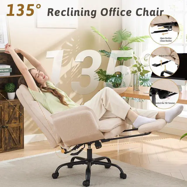 Alt view image 6 of 7 - Wider Seat Office Chair with Flip Armrests for Criss Cross Legged&Cats, Big and Tall Executive Ergonomic Reclining Chair with Footrest&Lumbar Pillow, Teddy Fleece Desk Chair, Beige Vanity Chair