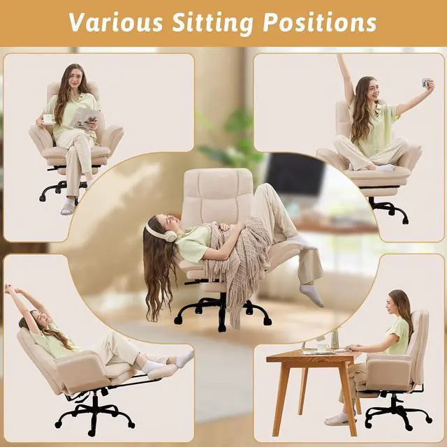 Alt view image 7 of 7 - Wider Seat Office Chair with Flip Armrests for Criss Cross Legged&Cats, Big and Tall Executive Ergonomic Reclining Chair with Footrest&Lumbar Pillow, Teddy Fleece Desk Chair, Beige Vanity Chair