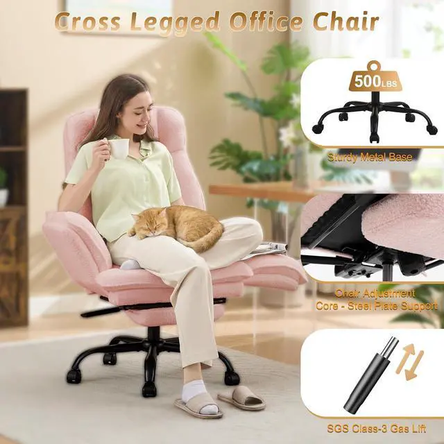 Alt view image 3 of 7 - Wider Seat Office Chair with Flip Armrests for Criss Cross Legged&Cats, Big and Tall Executive Ergonomic Reclining Chair with Footrest&Lumbar Pillow, Teddy Fleece Desk Chair, Pink Vanity Chair