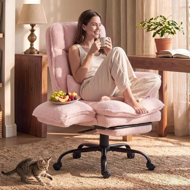 Main image of Wider Seat Office Chair with Flip Armrests for Criss Cross Legged&Cats, Big and Tall Executive Ergonomic Reclining Chair with Footrest&Lumbar Pillow, Teddy Fleece Desk Chair, Pink Vanity Chair