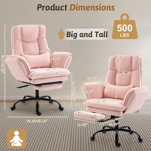 Alt view image 2 of 7 - Wider Seat Office Chair with Flip Armrests for Criss Cross Legged&Cats, Big and Tall Executive Ergonomic Reclining Chair with Footrest&Lumbar Pillow, Teddy Fleece Desk Chair, Pink Vanity Chair