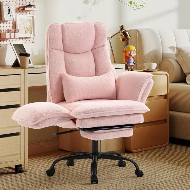 Alt view image 7 of 7 - Wider Seat Office Chair with Flip Armrests for Criss Cross Legged&Cats, Big and Tall Executive Ergonomic Reclining Chair with Footrest&Lumbar Pillow, Teddy Fleece Desk Chair, Pink Vanity Chair