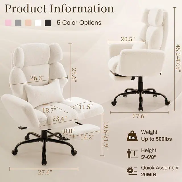 Alt view image 2 of 7 - Office Chair with Flip Armrests,Big and Tall Office Chair with Foot Rest,Extra Wide Seat & Lumbar Pillow,Ergonomic Computer Gaming Chair,Comfy Criss Cross Chair for Pets Sitting,Teddy Fleece,White