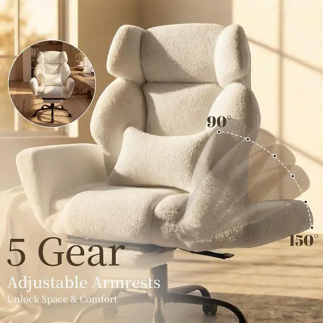 Alt view image 4 of 7 - Office Chair with Flip Armrests,Big and Tall Office Chair with Foot Rest,Extra Wide Seat & Lumbar Pillow,Ergonomic Computer Gaming Chair,Comfy Criss Cross Chair for Pets Sitting,Teddy Fleece,White