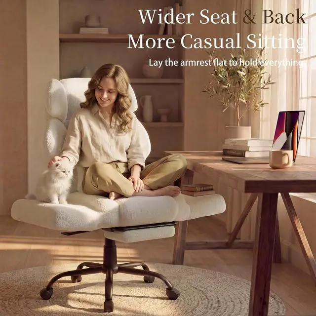 Alt view image 5 of 7 - Office Chair with Flip Armrests,Big and Tall Office Chair with Foot Rest,Extra Wide Seat & Lumbar Pillow,Ergonomic Computer Gaming Chair,Comfy Criss Cross Chair for Pets Sitting,Teddy Fleece,White