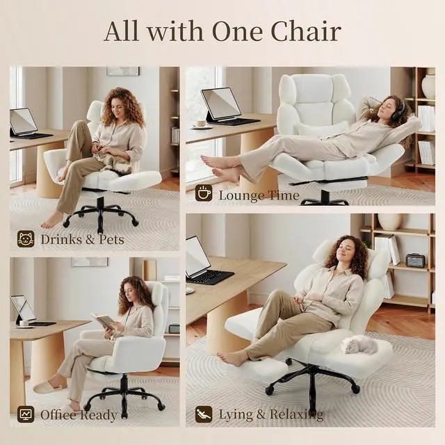 Alt view image 3 of 7 - Office Chair with Flip Armrests,Big and Tall Office Chair with Foot Rest,Extra Wide Seat & Lumbar Pillow,Ergonomic Computer Gaming Chair,Comfy Criss Cross Chair for Pets Sitting,Teddy Fleece,White