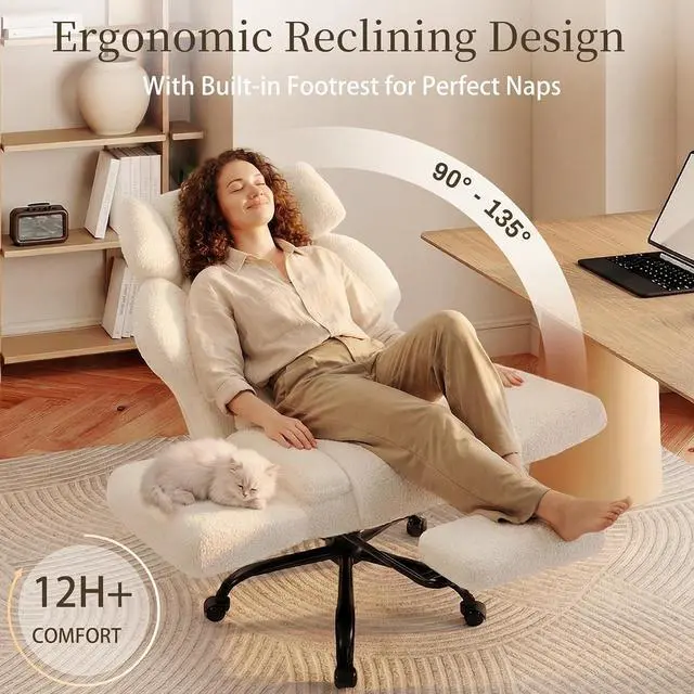 Alt view image 6 of 7 - Office Chair with Flip Armrests,Big and Tall Office Chair with Foot Rest,Extra Wide Seat & Lumbar Pillow,Ergonomic Computer Gaming Chair,Comfy Criss Cross Chair for Pets Sitting,Teddy Fleece,White