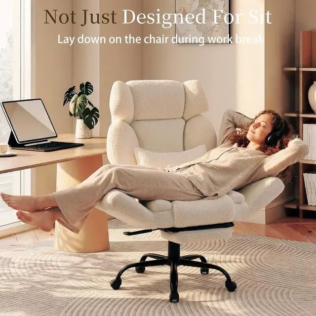 Alt view image 7 of 7 - Office Chair with Flip Armrests,Big and Tall Office Chair with Foot Rest,Extra Wide Seat & Lumbar Pillow,Ergonomic Computer Gaming Chair,Comfy Criss Cross Chair for Pets Sitting,Teddy Fleece,White