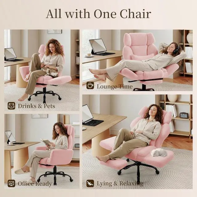 Alt view image 3 of 7 - Office Chair with Flip Armrests,Big and Tall Office Chair with Foot Rest,Extra Wide Seat & Lumbar Pillow,Comfy Criss Cross Chair for Pets Sitting,Ergonomic Computer Gaming Chair,Teddy Fleece,Pink