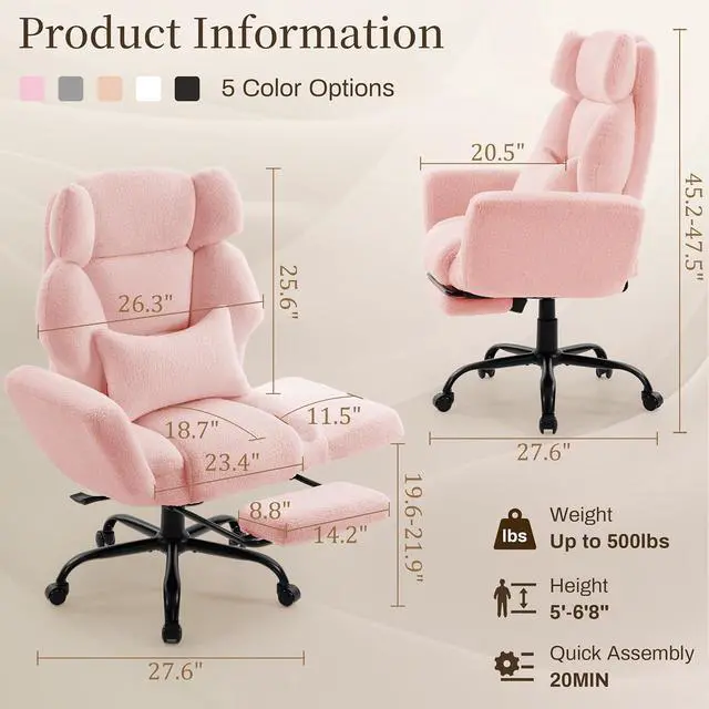 Alt view image 2 of 7 - Office Chair with Flip Armrests,Big and Tall Office Chair with Foot Rest,Extra Wide Seat & Lumbar Pillow,Comfy Criss Cross Chair for Pets Sitting,Ergonomic Computer Gaming Chair,Teddy Fleece,Pink