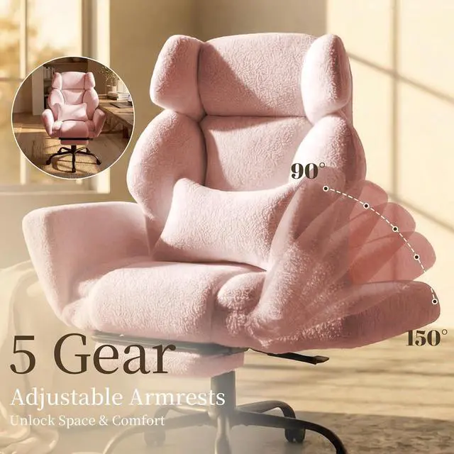 Alt view image 4 of 7 - Office Chair with Flip Armrests,Big and Tall Office Chair with Foot Rest,Extra Wide Seat & Lumbar Pillow,Comfy Criss Cross Chair for Pets Sitting,Ergonomic Computer Gaming Chair,Teddy Fleece,Pink