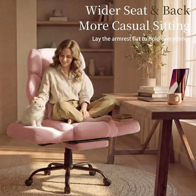Alt view image 5 of 7 - Office Chair with Flip Armrests,Big and Tall Office Chair with Foot Rest,Extra Wide Seat & Lumbar Pillow,Comfy Criss Cross Chair for Pets Sitting,Ergonomic Computer Gaming Chair,Teddy Fleece,Pink