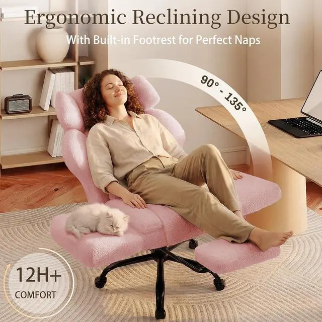 Alt view image 6 of 7 - Office Chair with Flip Armrests,Big and Tall Office Chair with Foot Rest,Extra Wide Seat & Lumbar Pillow,Comfy Criss Cross Chair for Pets Sitting,Ergonomic Computer Gaming Chair,Teddy Fleece,Pink