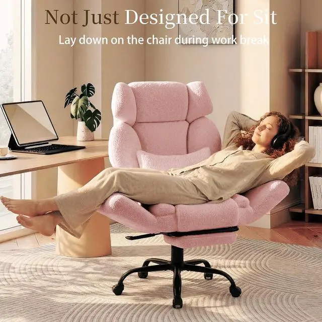 Alt view image 7 of 7 - Office Chair with Flip Armrests,Big and Tall Office Chair with Foot Rest,Extra Wide Seat & Lumbar Pillow,Comfy Criss Cross Chair for Pets Sitting,Ergonomic Computer Gaming Chair,Teddy Fleece,Pink