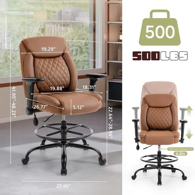 Alt view image 2 of 7 - Drafting Chair,Executive Tall Office Chair Flip-up Armrests for Counter Height Desk Drawing Use,High Task Chair with Adjustable Foot Ring & Inflatable Lumbar Support, Swivel Computer Stool,PU Brown
