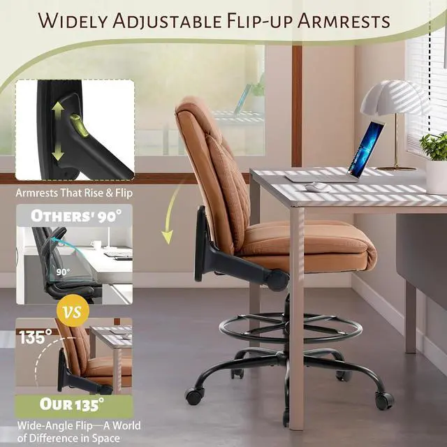 Alt view image 3 of 7 - Drafting Chair,Executive Tall Office Chair Flip-up Armrests for Counter Height Desk Drawing Use,High Task Chair with Adjustable Foot Ring & Inflatable Lumbar Support, Swivel Computer Stool,PU Brown