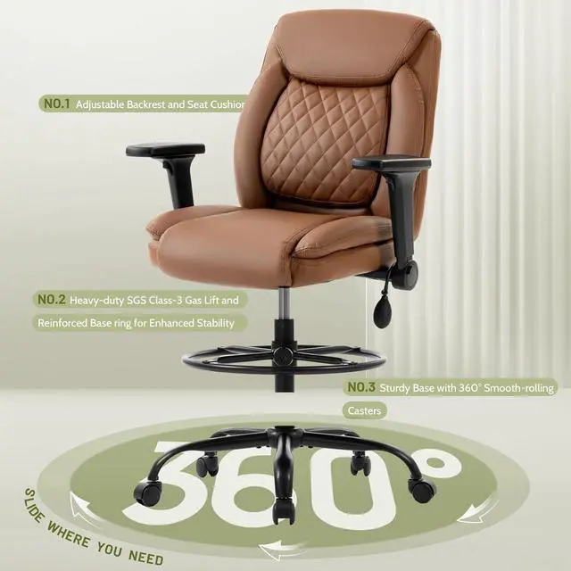 Alt view image 6 of 7 - Drafting Chair,Executive Tall Office Chair Flip-up Armrests for Counter Height Desk Drawing Use,High Task Chair with Adjustable Foot Ring & Inflatable Lumbar Support, Swivel Computer Stool,PU Brown