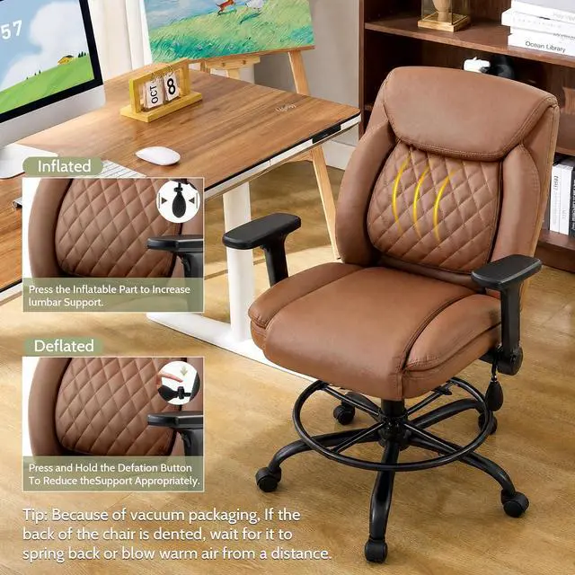 Alt view image 7 of 7 - Drafting Chair,Executive Tall Office Chair Flip-up Armrests for Counter Height Desk Drawing Use,High Task Chair with Adjustable Foot Ring & Inflatable Lumbar Support, Swivel Computer Stool,PU Brown
