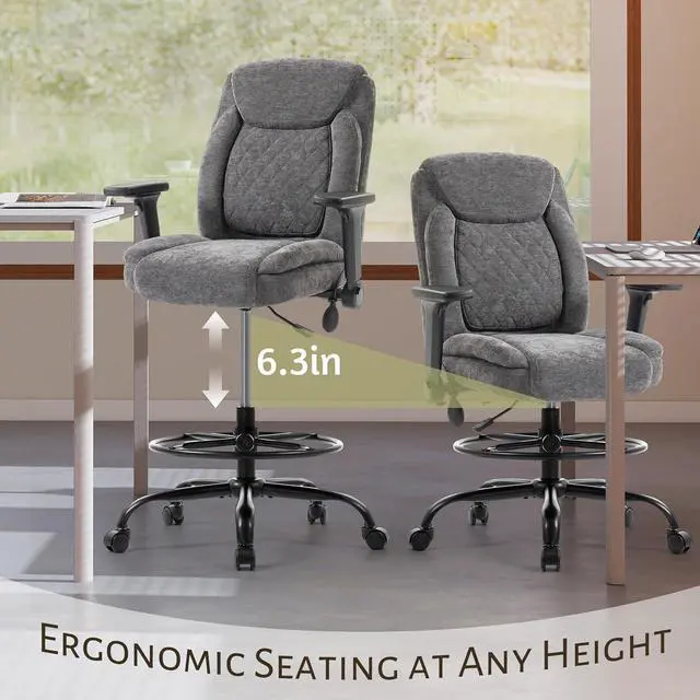 Alt view image 4 of 7 - Drafting Chair,Executive Tall Office Chair Flip-up Armrests for Counter Height Desk Drawing Use,High Task Chair with Adjustable Foot Ring &Inflatable Lumbar Support,Swivel Computer Stool, Fabric Grey