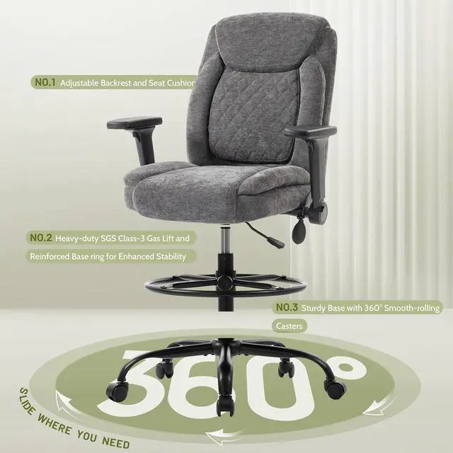 Alt view image 6 of 7 - Drafting Chair,Executive Tall Office Chair Flip-up Armrests for Counter Height Desk Drawing Use,High Task Chair with Adjustable Foot Ring &Inflatable Lumbar Support,Swivel Computer Stool, Fabric Grey