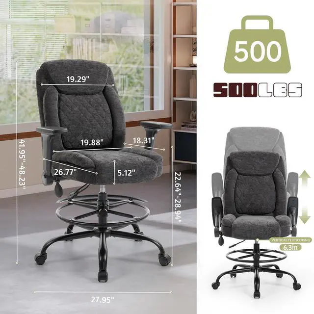Alt view image 2 of 7 - Drafting Chair,Executive Tall Office Chair Flip-up Armrests for Counter Height Desk Drawing Use,High Task Chair with Adjustable Foot Ring &Inflatable Lumbar Support,Swivel Computer Stool, Fabric Black