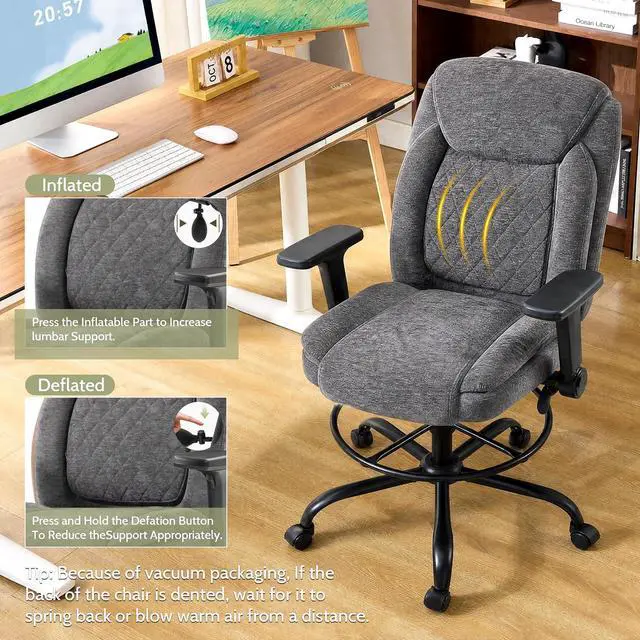 Alt view image 7 of 7 - Drafting Chair,Executive Tall Office Chair Flip-up Armrests for Counter Height Desk Drawing Use,High Task Chair with Adjustable Foot Ring &Inflatable Lumbar Support,Swivel Computer Stool, Fabric Grey