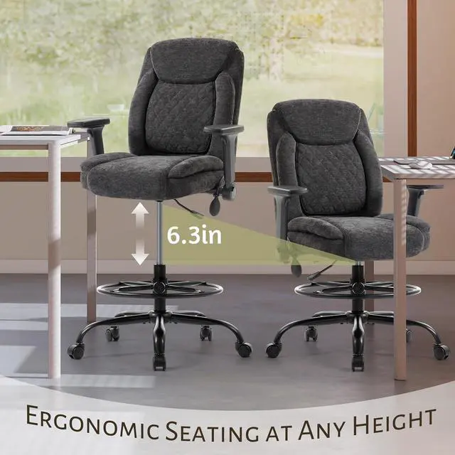 Alt view image 4 of 7 - Drafting Chair,Executive Tall Office Chair Flip-up Armrests for Counter Height Desk Drawing Use,High Task Chair with Adjustable Foot Ring &Inflatable Lumbar Support,Swivel Computer Stool, Fabric Black