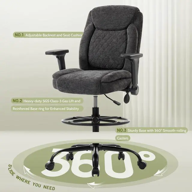 Alt view image 6 of 7 - Drafting Chair,Executive Tall Office Chair Flip-up Armrests for Counter Height Desk Drawing Use,High Task Chair with Adjustable Foot Ring &Inflatable Lumbar Support,Swivel Computer Stool, Fabric Black