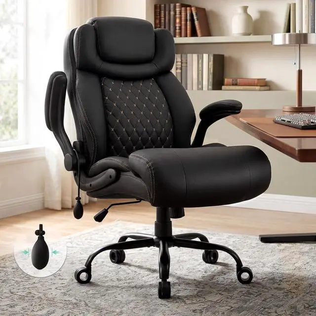 Main image of 500LBS Big and Tall Executive Office Chair with Adjustable Lumbar Support,Extra Wide Seat for Ergonomic Computer Desk Chair Flip-up Arm,Home Office Chair Spring Cushion Upgraded Metal Base, PU Black