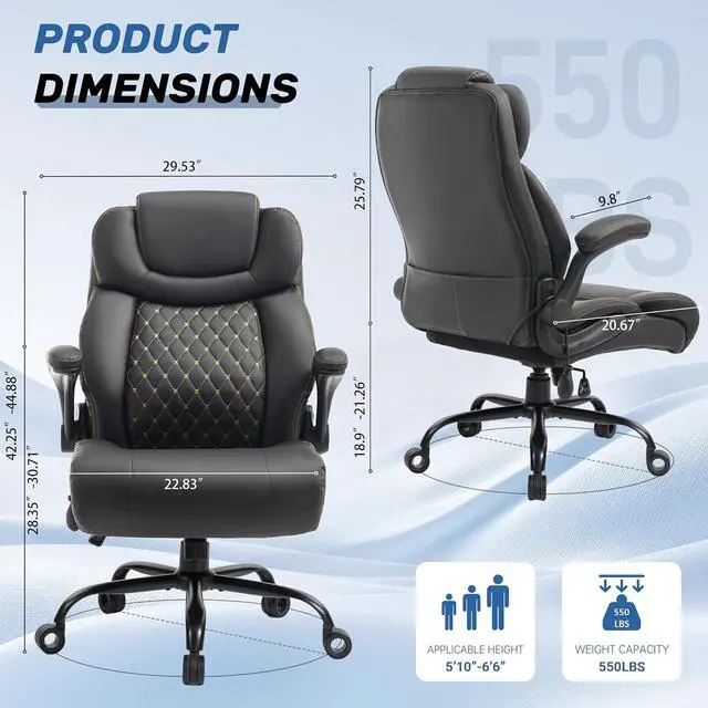 Alt view image 2 of 7 - 500LBS Big and Tall Executive Office Chair with Adjustable Lumbar Support,Extra Wide Seat for Ergonomic Computer Desk Chair Flip-up Arm,Home Office Chair Spring Cushion Upgraded Metal Base, PU Black
