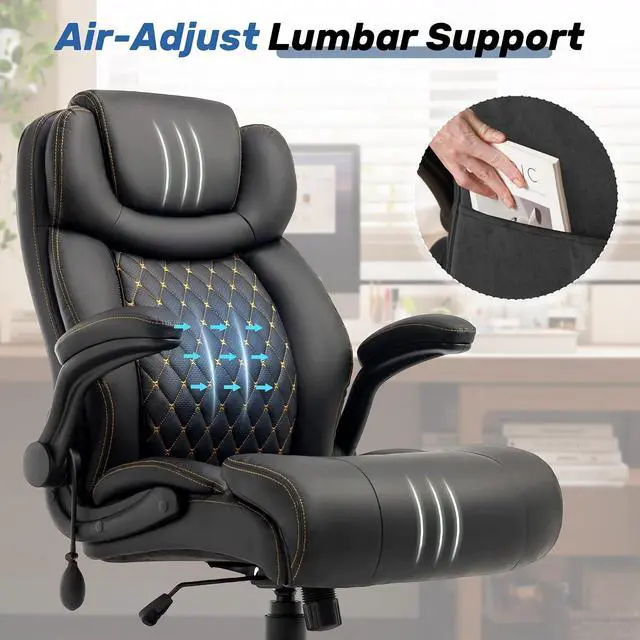 Alt view image 3 of 7 - 500LBS Big and Tall Executive Office Chair with Adjustable Lumbar Support,Extra Wide Seat for Ergonomic Computer Desk Chair Flip-up Arm,Home Office Chair Spring Cushion Upgraded Metal Base, PU Black