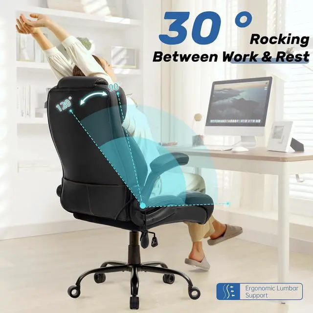 Alt view image 4 of 7 - 500LBS Big and Tall Executive Office Chair with Adjustable Lumbar Support,Extra Wide Seat for Ergonomic Computer Desk Chair Flip-up Arm,Home Office Chair Spring Cushion Upgraded Metal Base, PU Black
