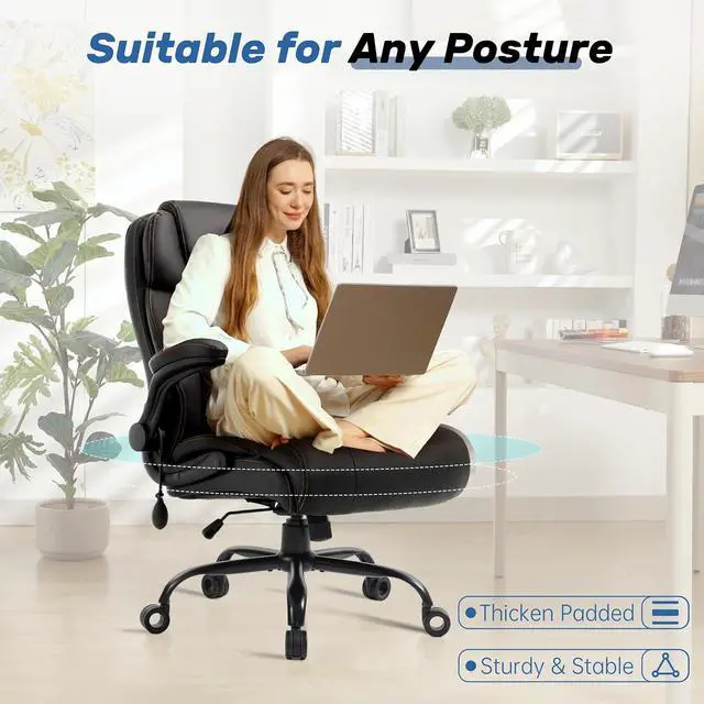 Alt view image 5 of 7 - 500LBS Big and Tall Executive Office Chair with Adjustable Lumbar Support,Extra Wide Seat for Ergonomic Computer Desk Chair Flip-up Arm,Home Office Chair Spring Cushion Upgraded Metal Base, PU Black
